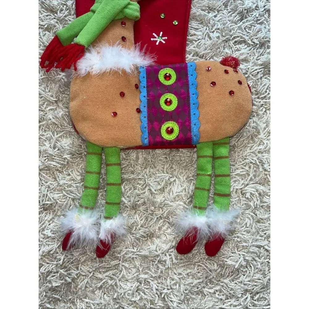 Pier 1 One Imports Festive Reindeer Dangle Legs Sequin Christmas Stocking